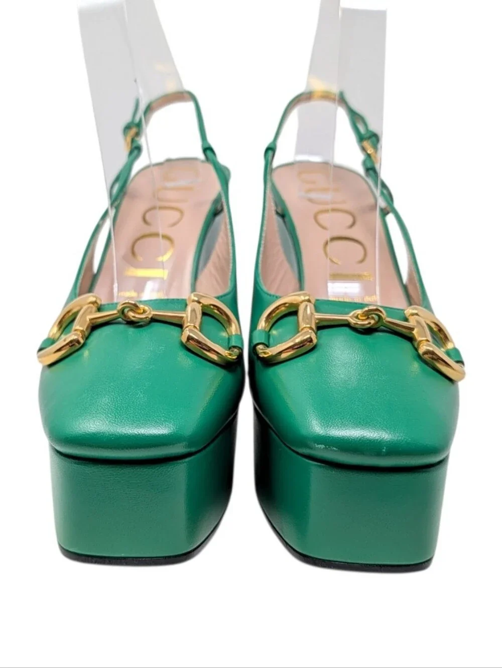 NEW Gucci Green Horsebit Platform Slingback Chunky Block Heel Pumps Size EU 39.5